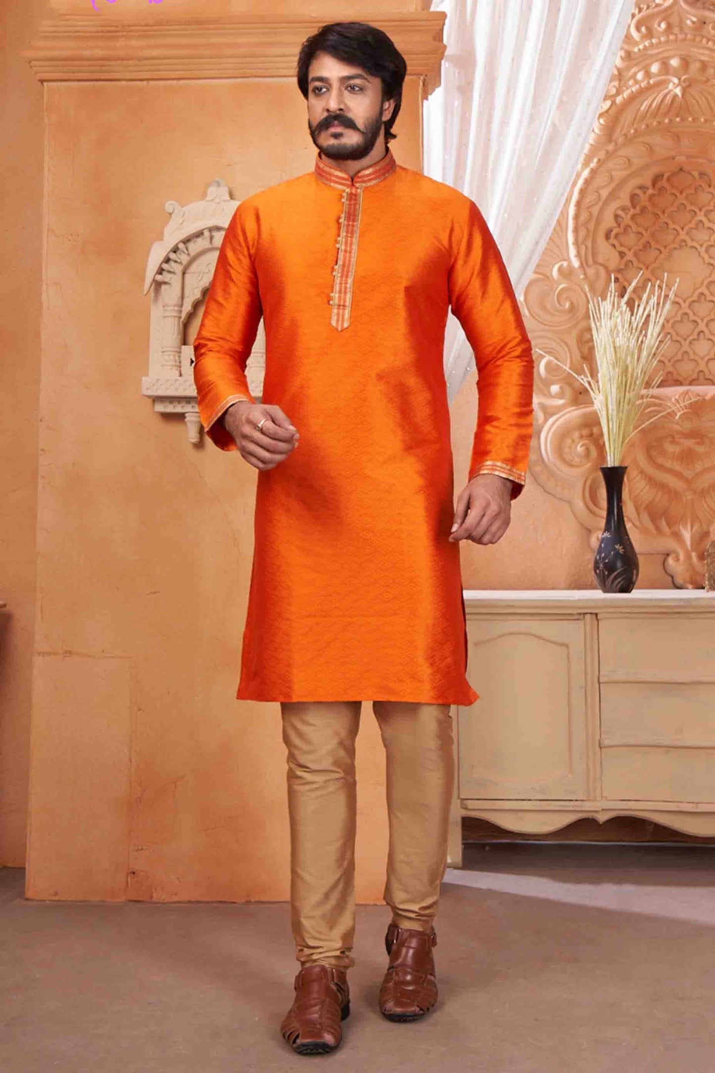 Orange Colour Kurta Pajama In Jacquard Silk KP1210048