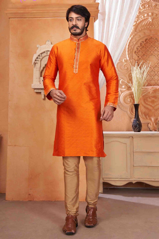 Orange Colour Kurta Pajama In Jacquard Silk KP1210048
