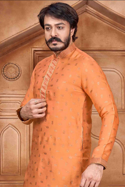 Orange Colour Kurta Pajama In Jacquard Silk KP1210065 A