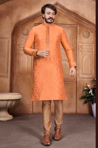 Orange Colour Kurta Pajama In Jacquard Silk KP1210065