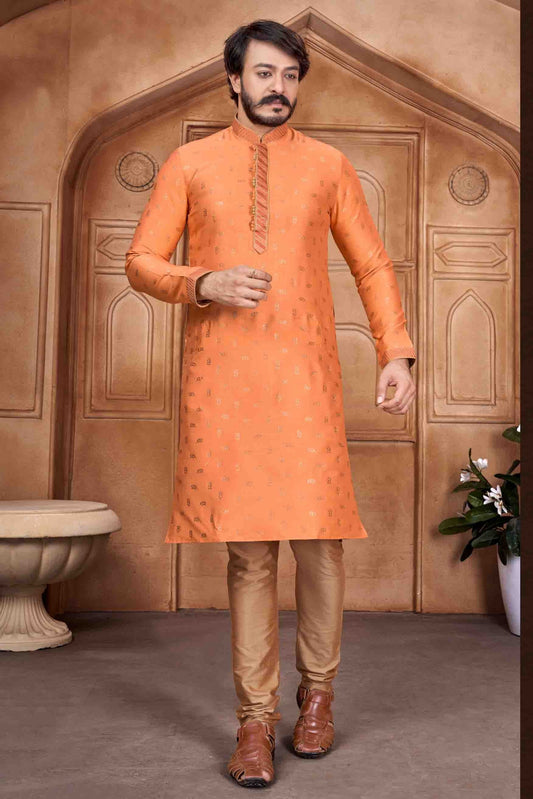 Orange Colour Kurta Pajama In Jacquard Silk KP1210065
