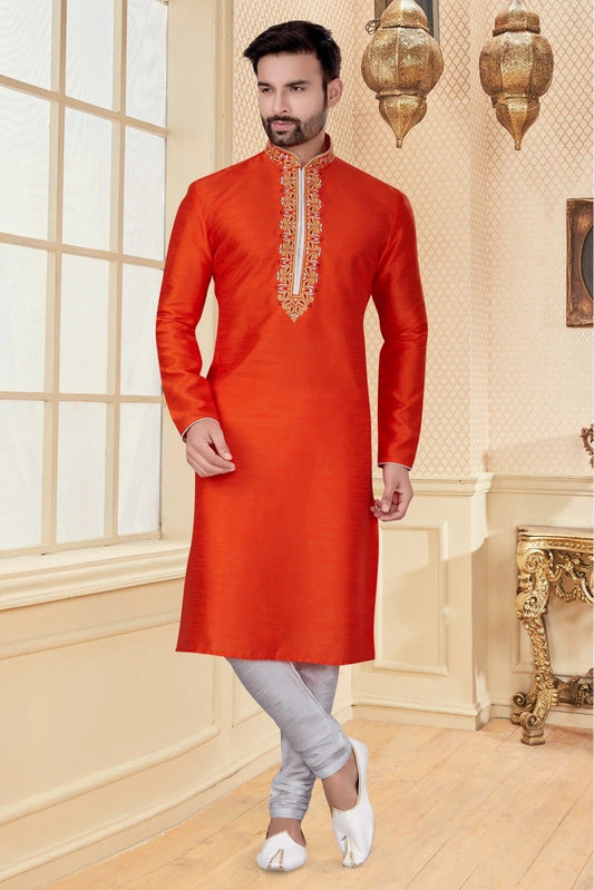 Orange Colour Kurta Pajama In Silk Dupion Fabric KP1040106