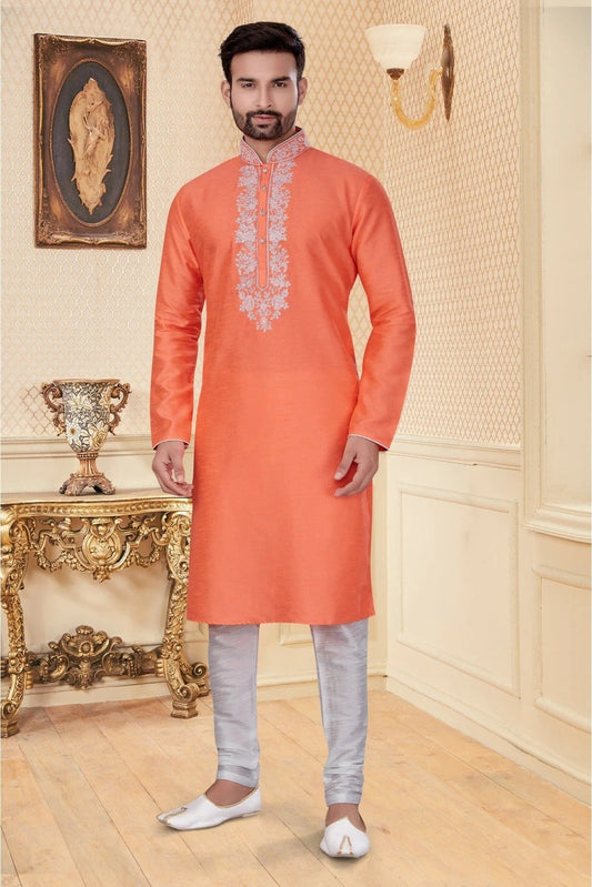 Orange Colour Kurta Pajama In Silk Dupion Fabric KP1040110