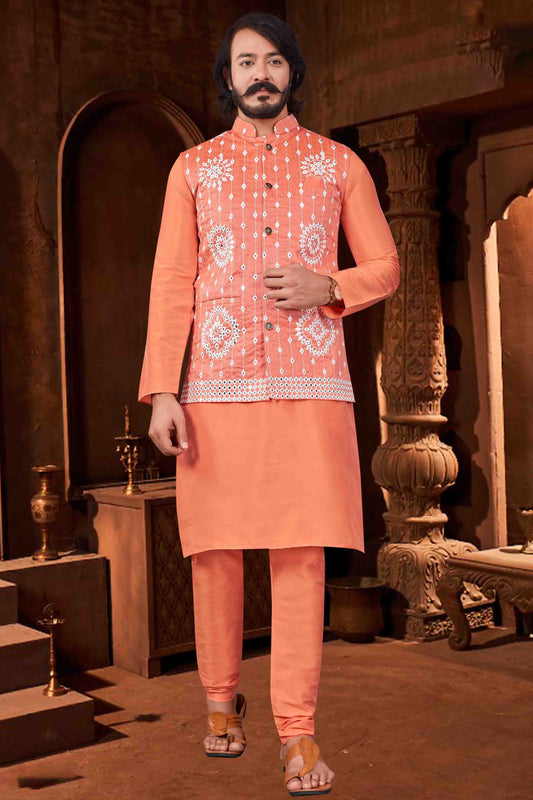 Orange Colour Kurta Pajama With Jacket In Art Silk KP1210378