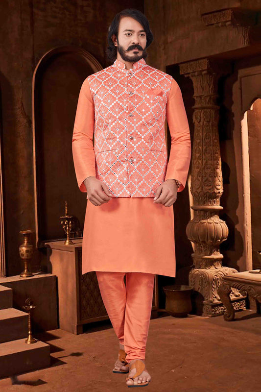 Orange Colour Kurta Pajama With Jacket In Art Silk KP1210388