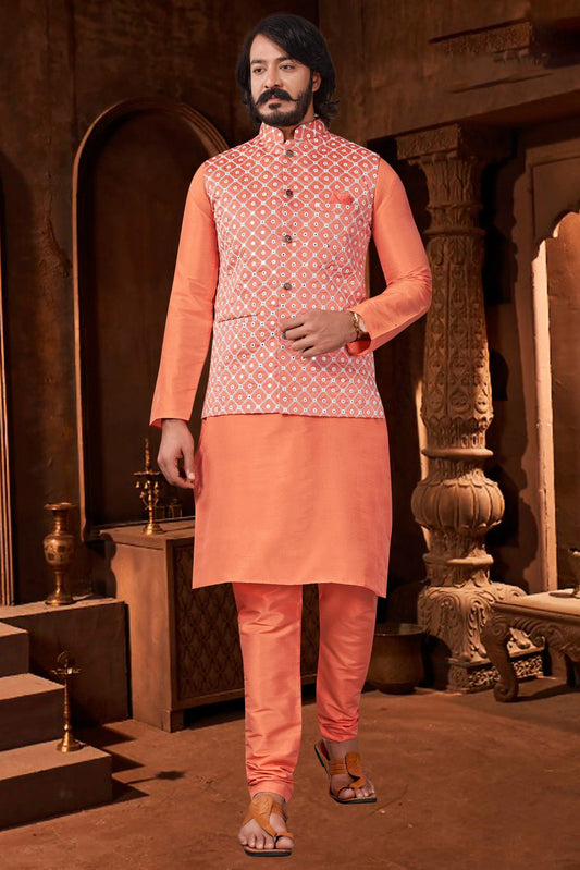 Orange Colour Kurta Pajama With Jacket In Art Silk KP1210398