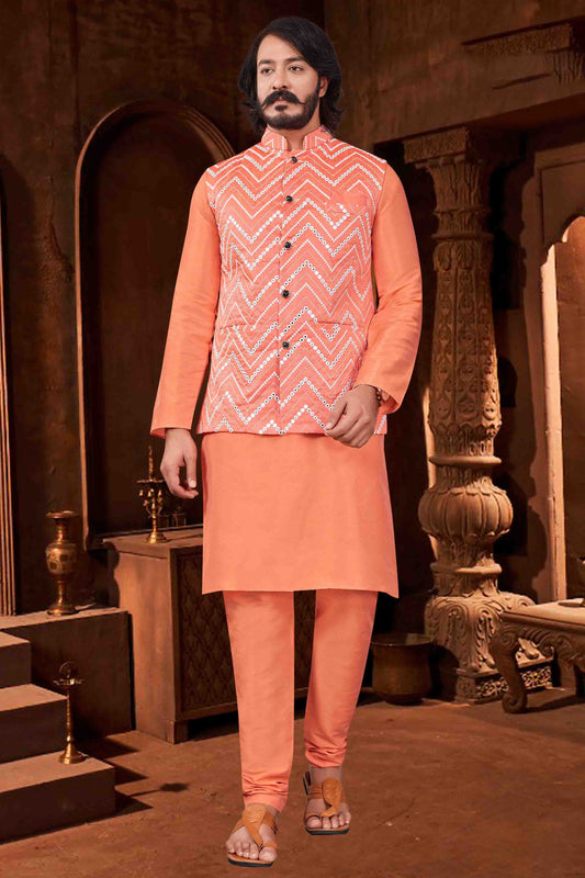 Orange Colour Kurta Pajama With Jacket In Art Silk KP1210409