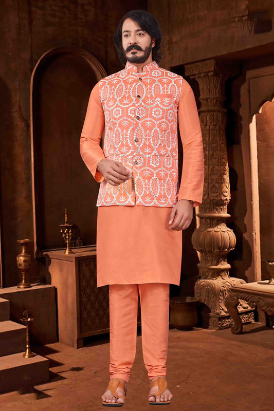 Orange Colour Kurta Pajama With Jacket In Art Silk KP1210424