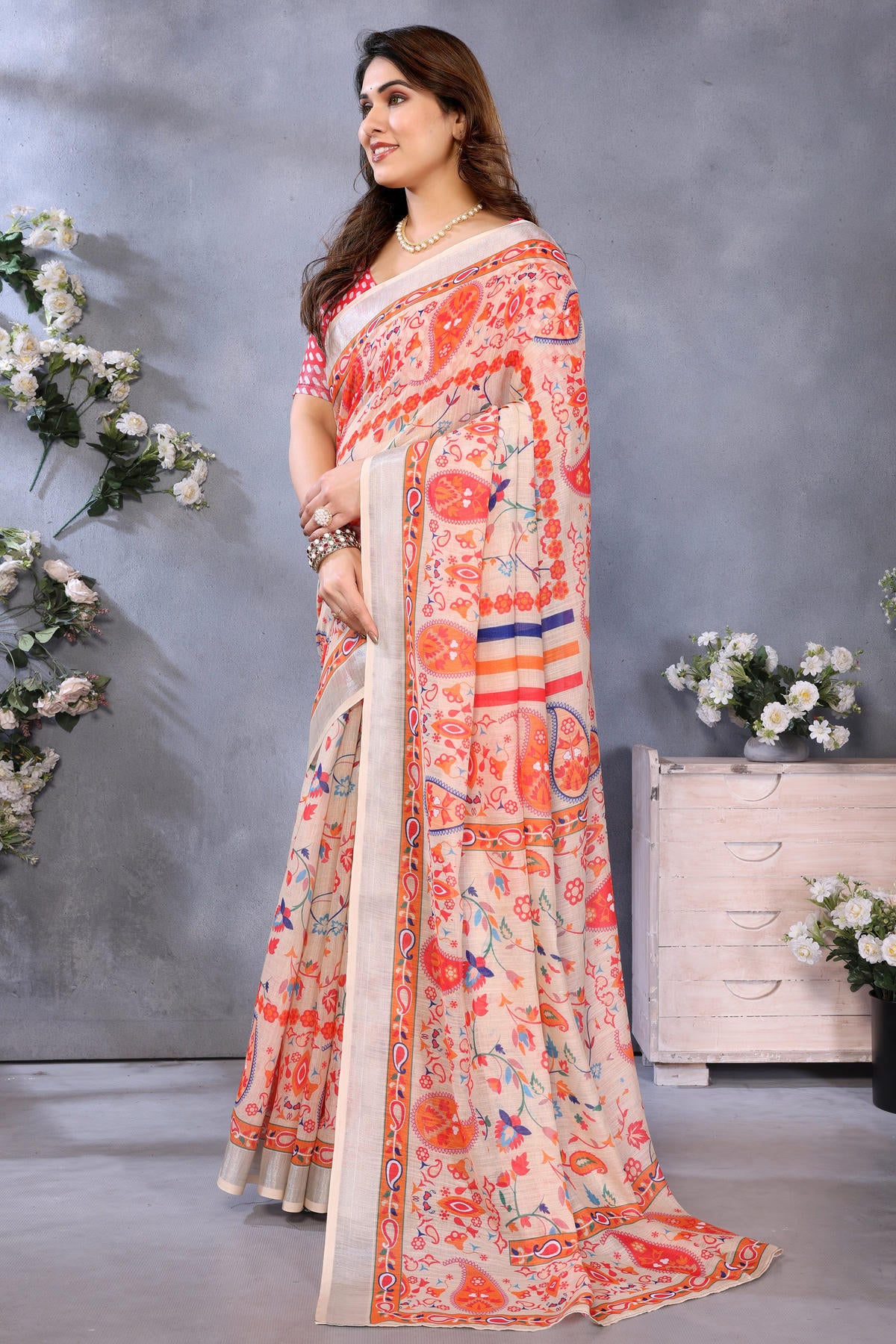 Orange Colour Linen Cotton Printed Saree
