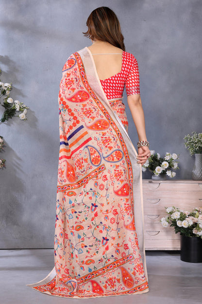 Orange Colour Linen Cotton Printed Saree