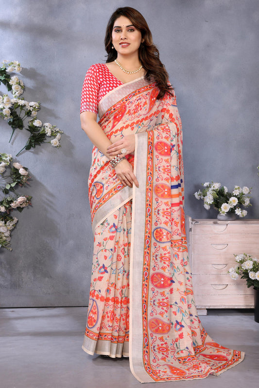 Orange Colour Linen Cotton Printed Saree