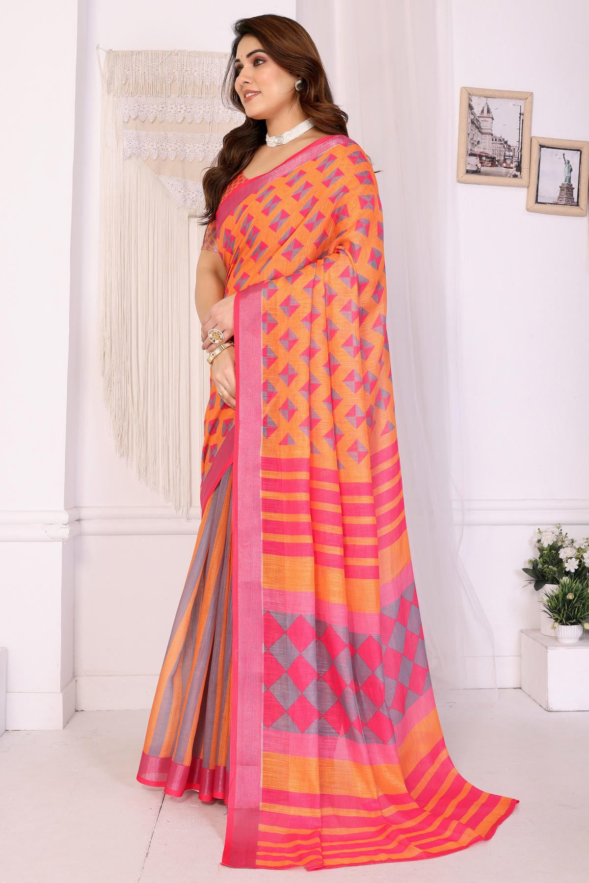 Orange Colour Linen Cotton Printed Saree