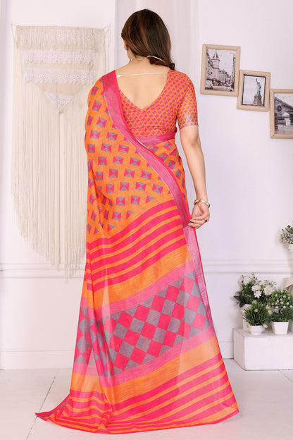 Orange Colour Linen Cotton Printed Saree