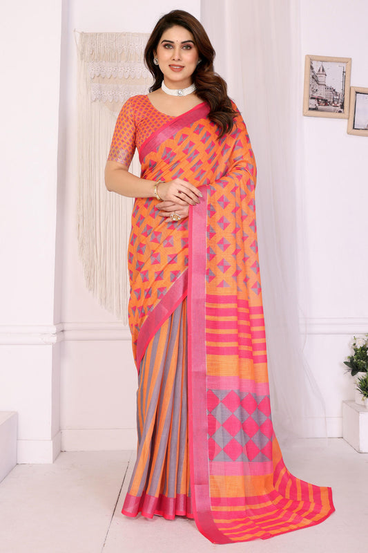 Orange Colour Linen Cotton Printed Saree