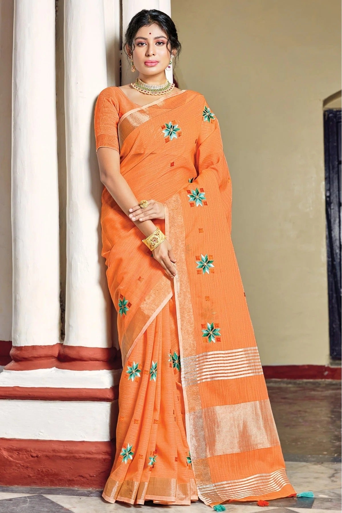 Orange Colour Linen Thread Work Saree SD1100202