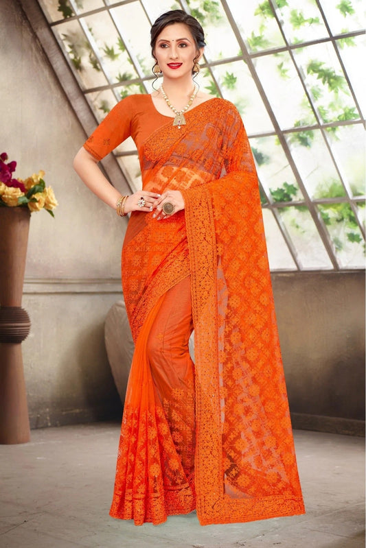 Orange Colour Net Embroidery Saree SD1090376