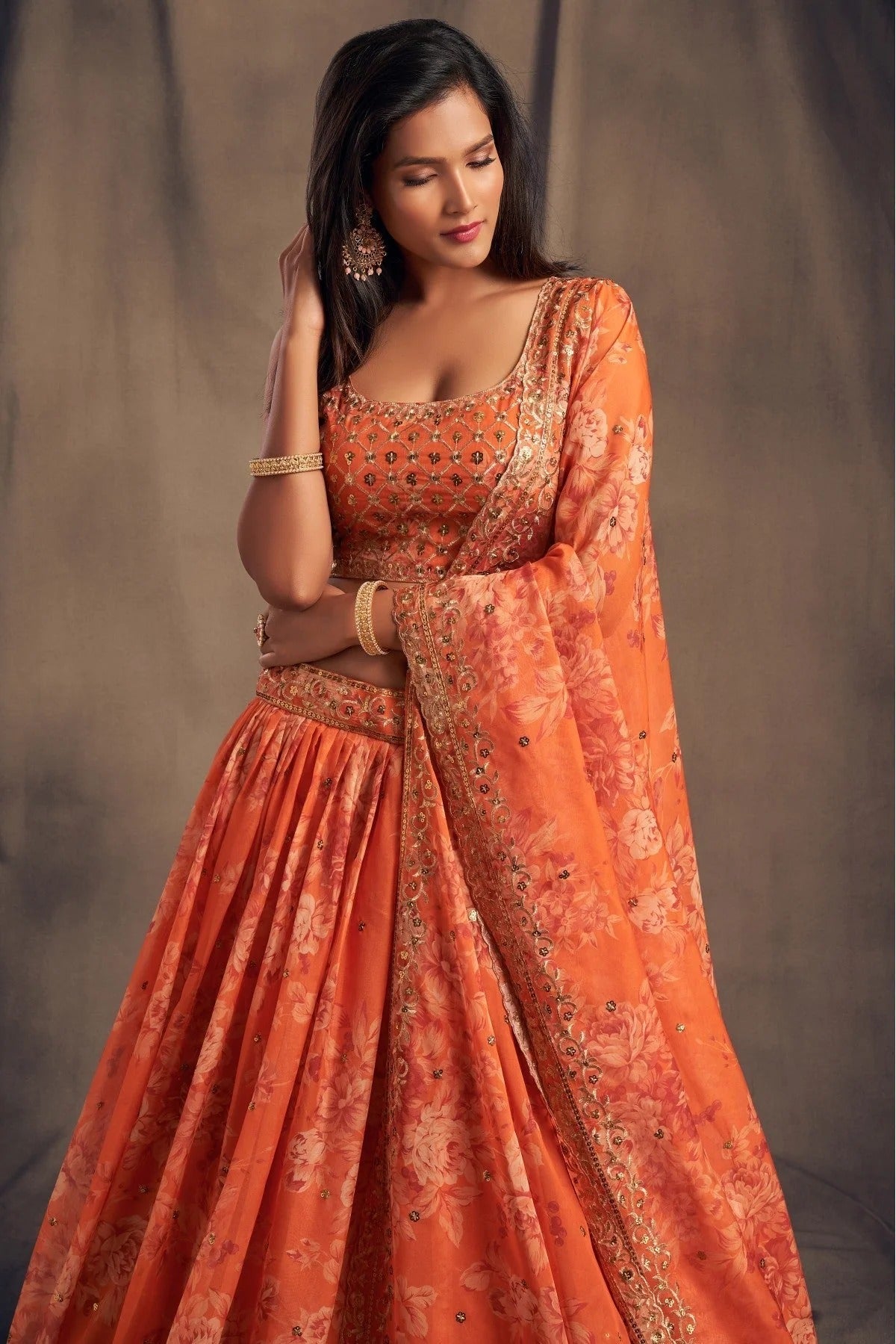Orange Colour Organza Lehenga Choli LC1010096 B