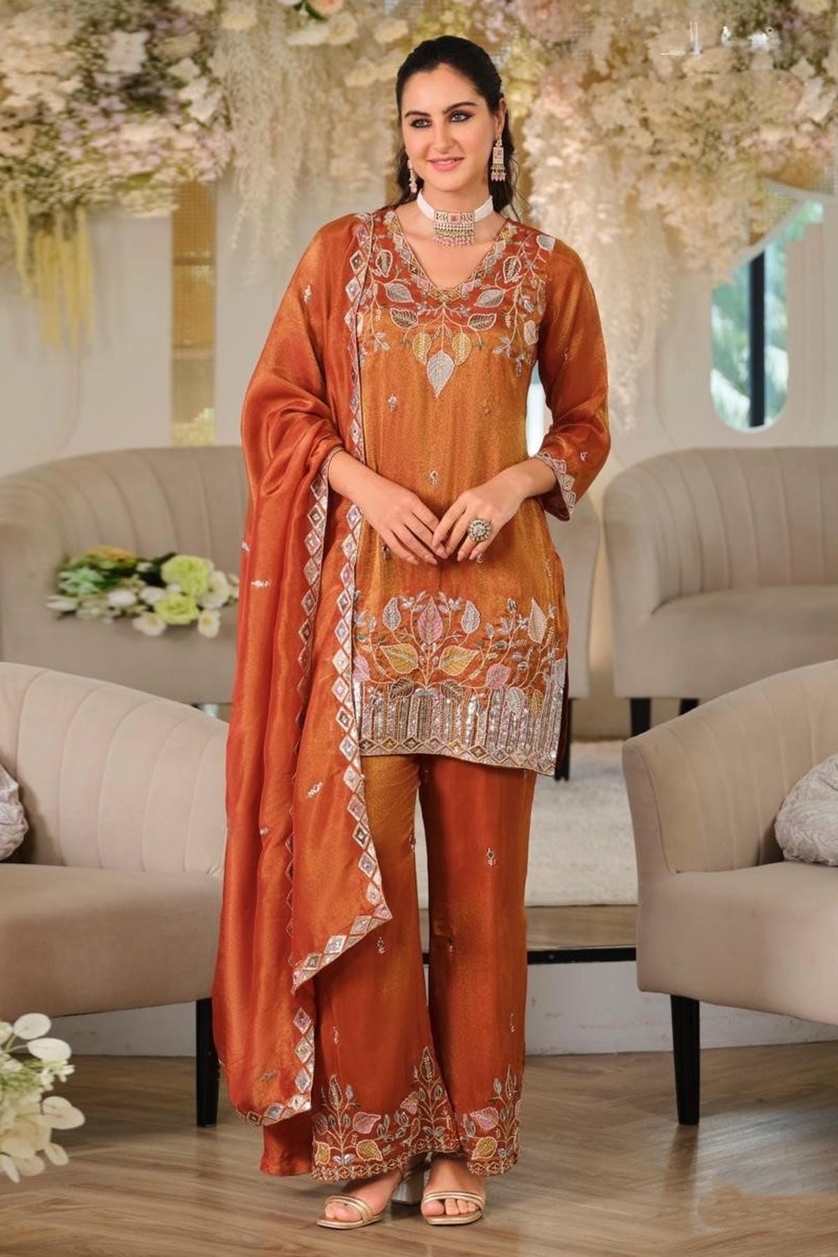 Orange Colour Roman Silk Embroidery Work Palazzo Pant Suit