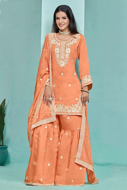Orange Colour Roman Silk Sharara Suit SM1050559