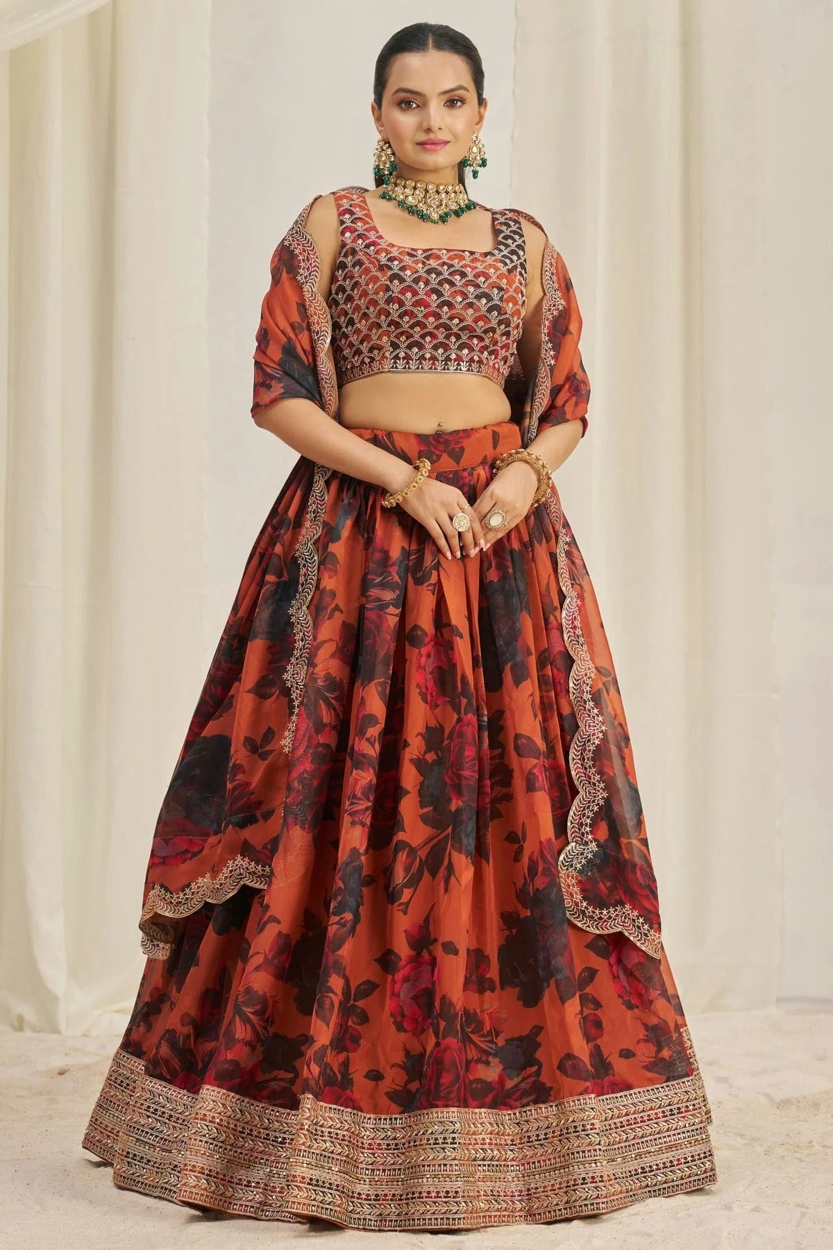 Orange Colour Semi Stitched Organza Lehenga Choli LC1080898