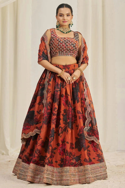 Orange Colour Semi Stitched Organza Lehenga Choli LC1080898