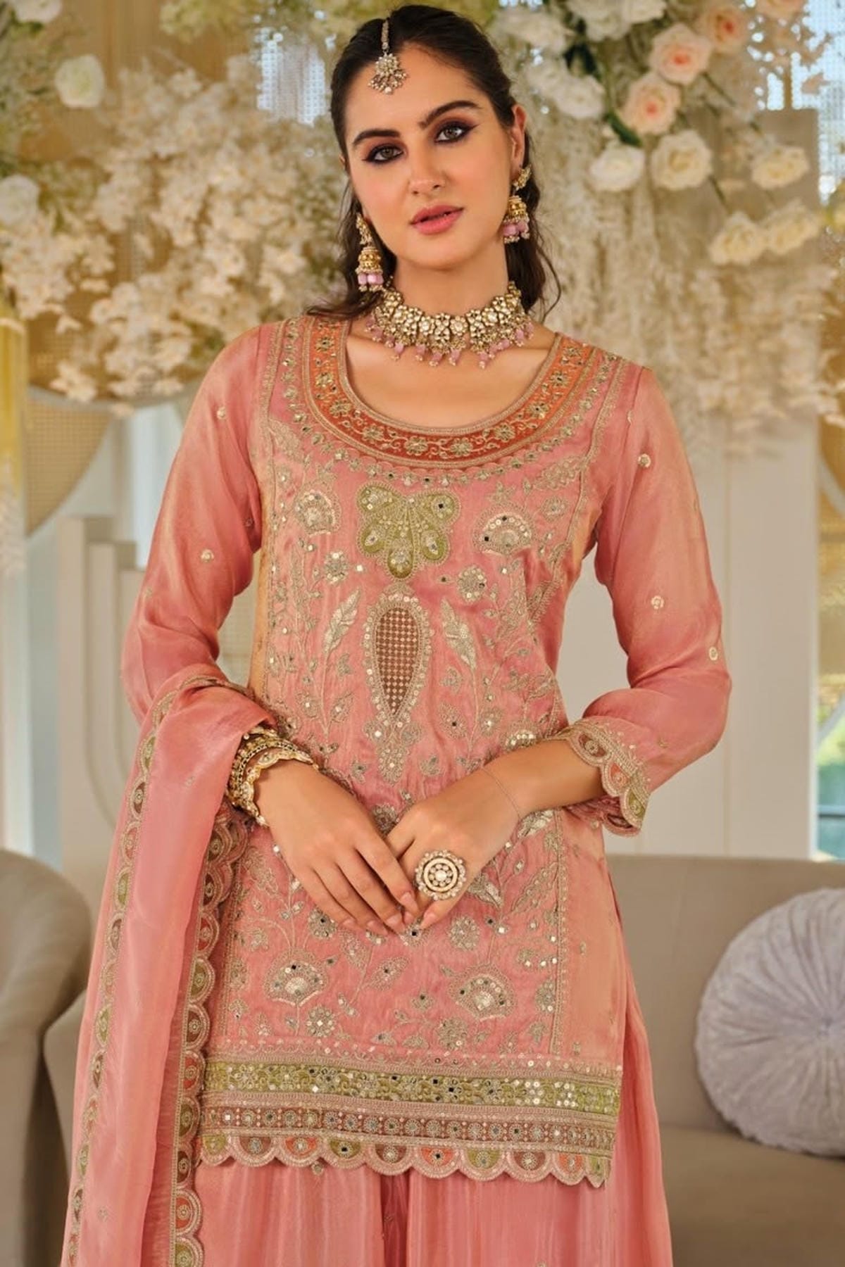Orange Colour Silk Embroidery Work Palazzo Pant Suit
