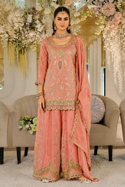 Orange Colour Silk Embroidery Work Palazzo Pant Suit