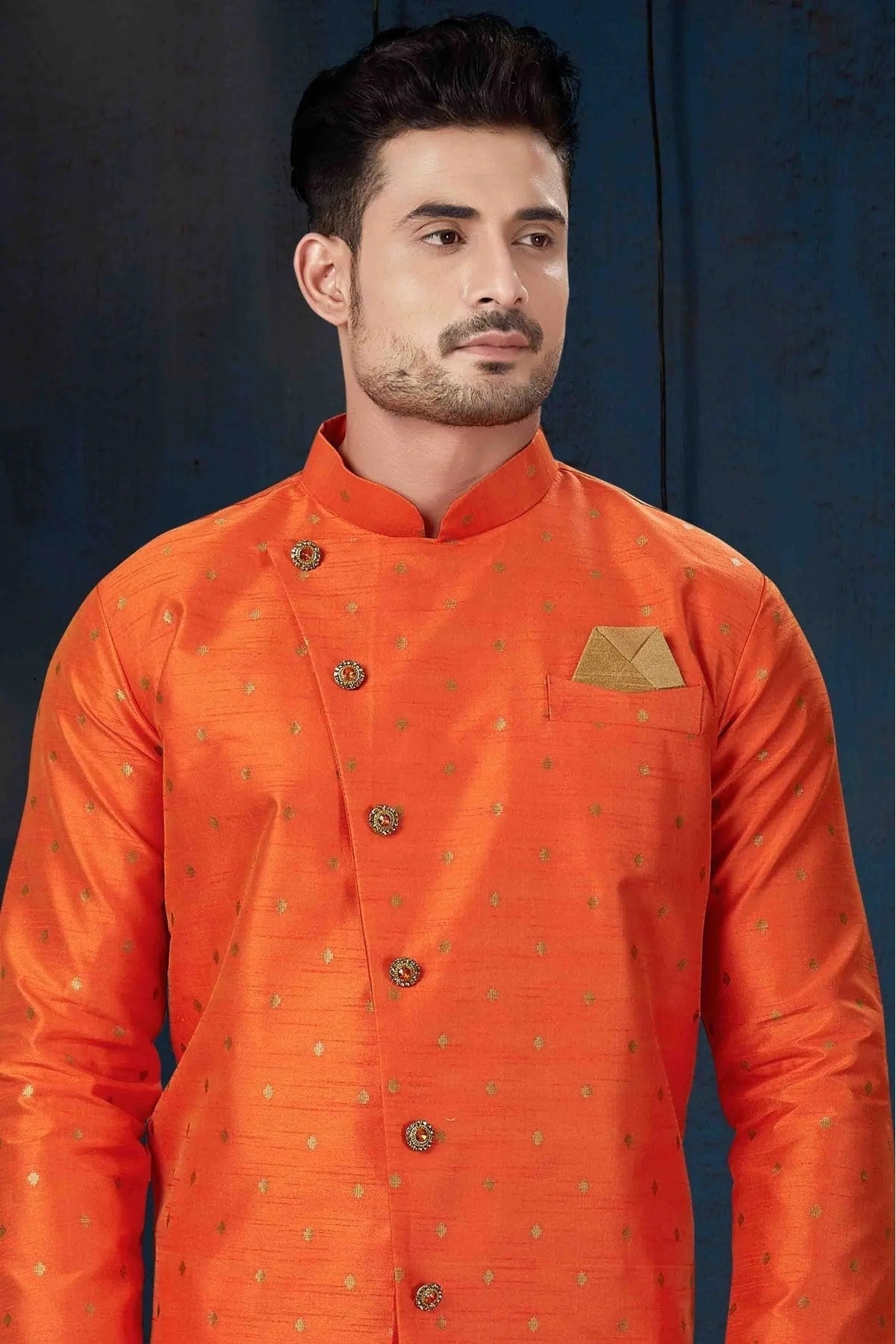 Orange Colour Silk Party Wear Indo Western Sherwani SH1040228 A