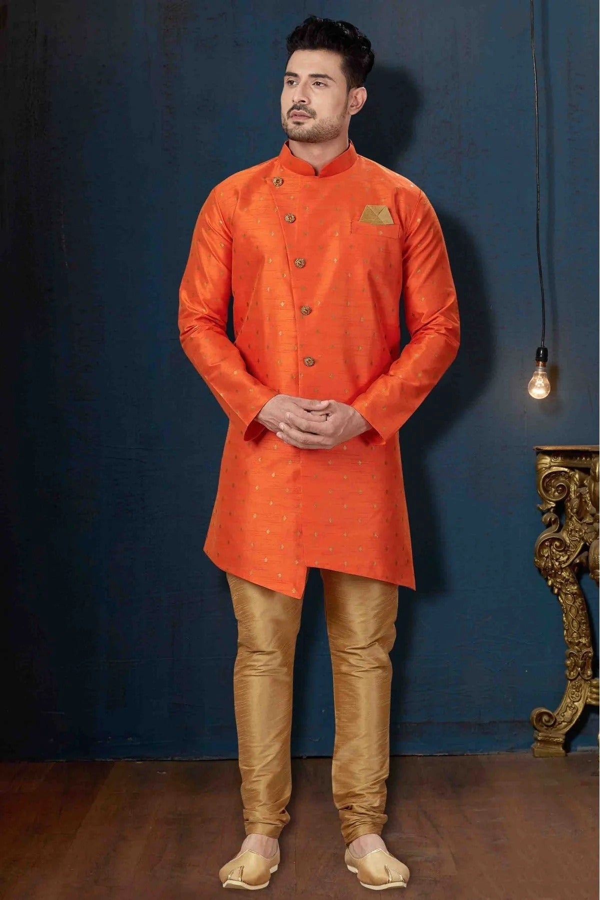 Orange Colour Silk Party Wear Indo Western Sherwani SH1040228