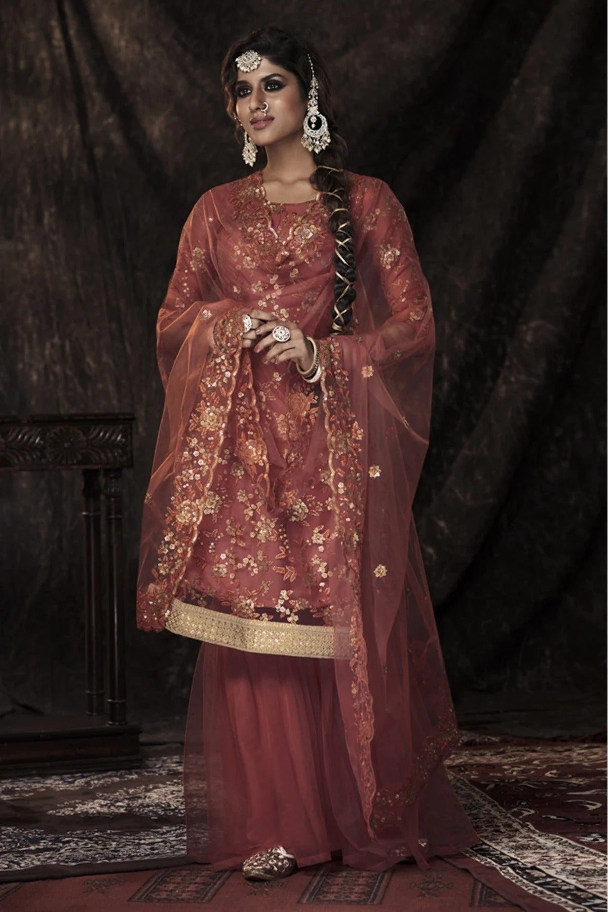 Orange Colour Soft Net Sequins Work Sharara Suit SM1080660