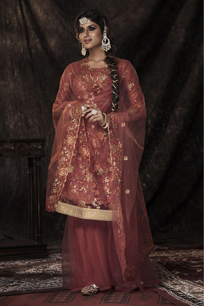 Orange Colour Soft Net Sequins Work Sharara Suit SM1080660