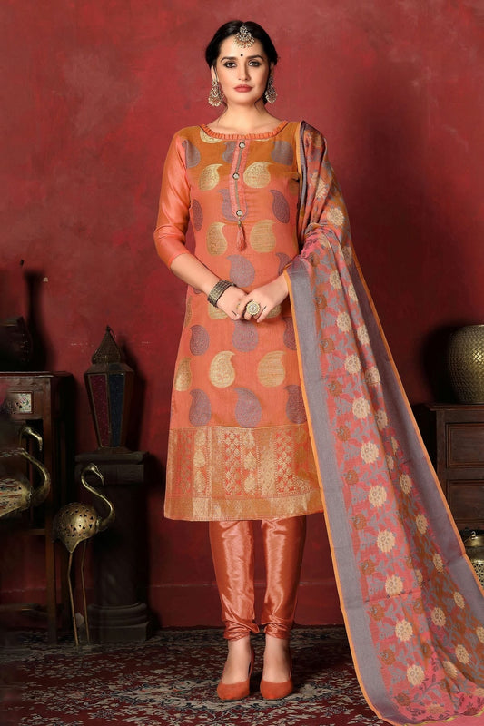 Orange Colour Unstitched Banarasi Silk Churidar Suit US1161357