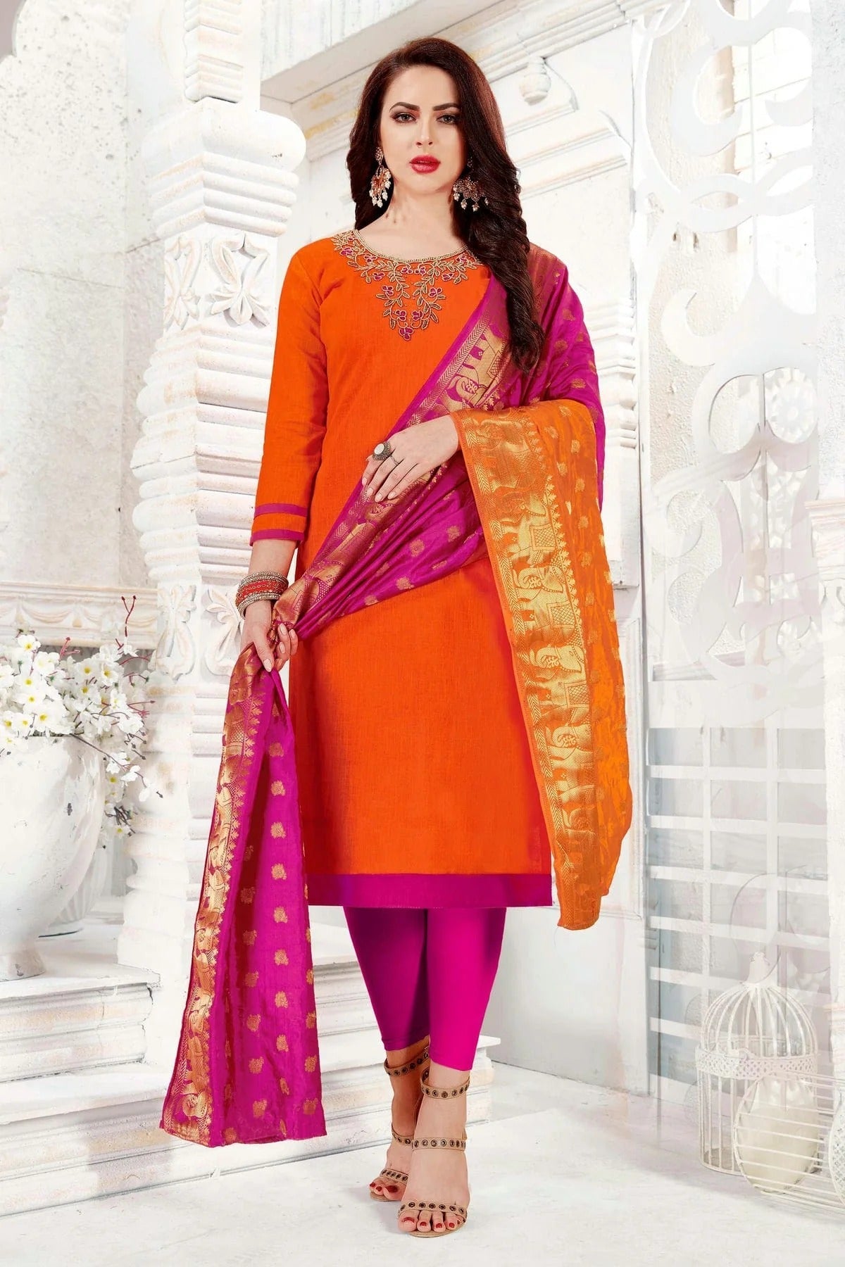 Orange Colour Unstitched Cotton South Slub Straight Suit US1161095