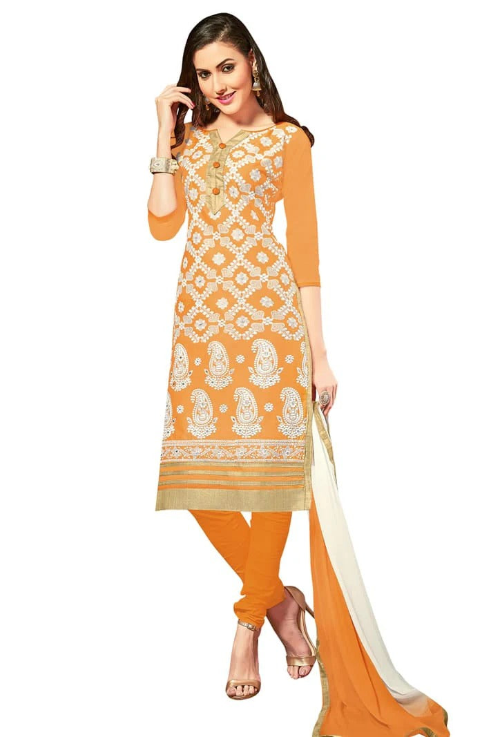 Orange Colour Unstitched Glaze Cotton Churidar Suit US1161159