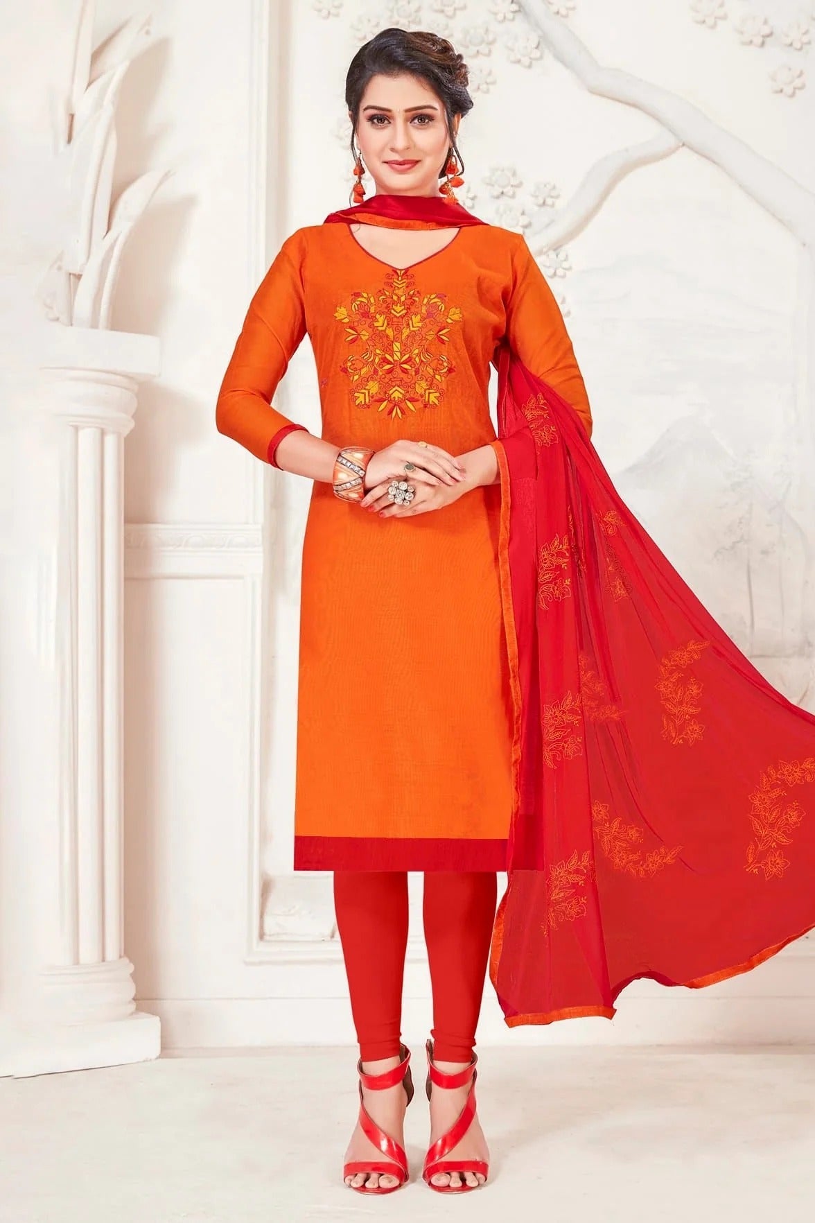 Orange Colour Unstitched Modal Silk Churidar Suit US1161108