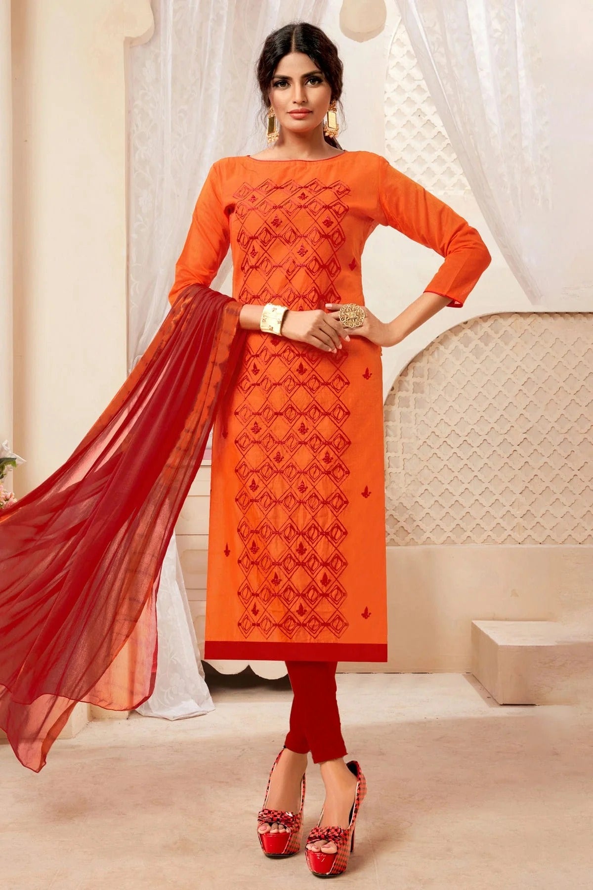 Orange Colour Unstitched Modal Silk Straight Suit US1161126