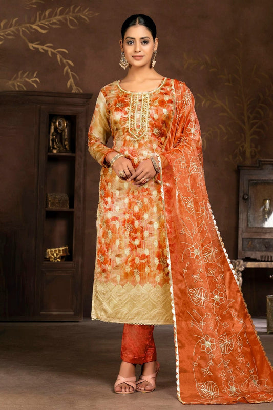 Orange Colour Unstitched Organza Banarasi Jacquard Pant Style Suit US1161287