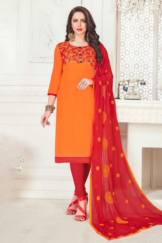 Orange Colour Unstitched South Cotton Slub Churidar Suit US1161124