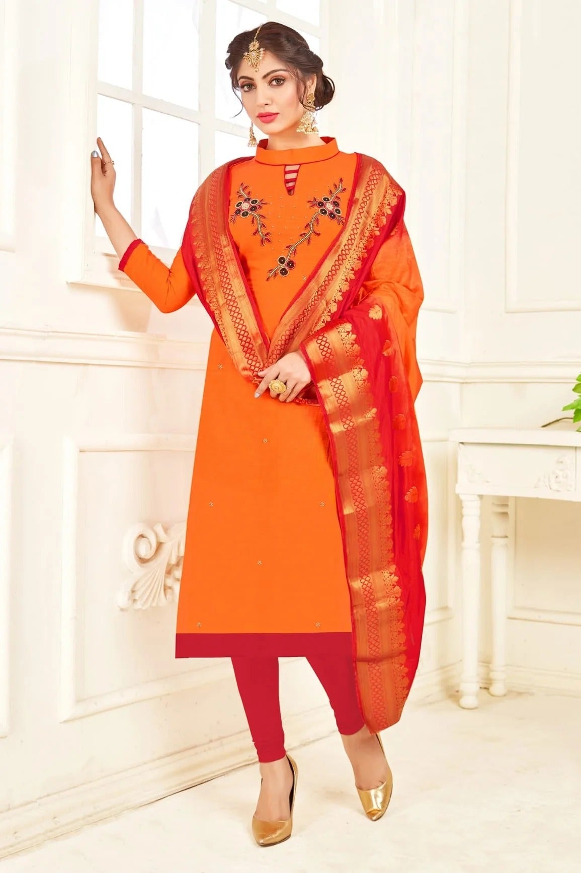 Orange Colour Unstitched South Slub Cotton Straight Suit US1161152