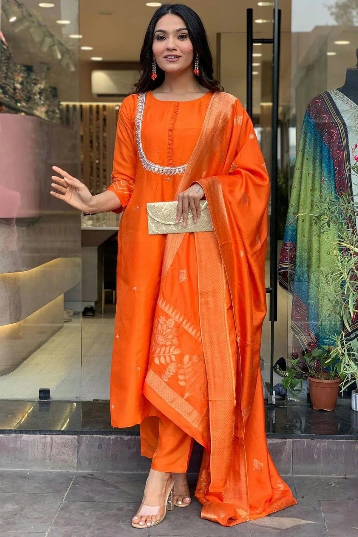 Orange Colour Viscose Chanderi Stitched Salwar Suit SS1111552 A
