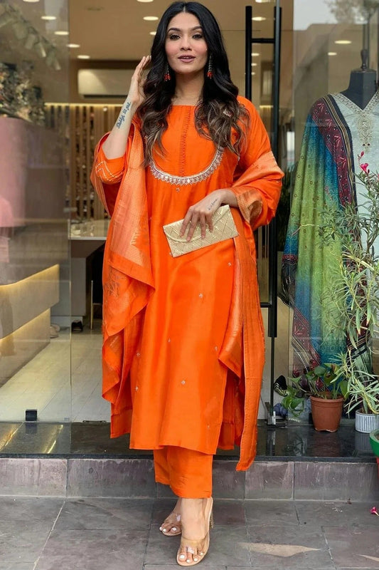 Orange Colour Viscose Chanderi Stitched Salwar Suit SS1111552