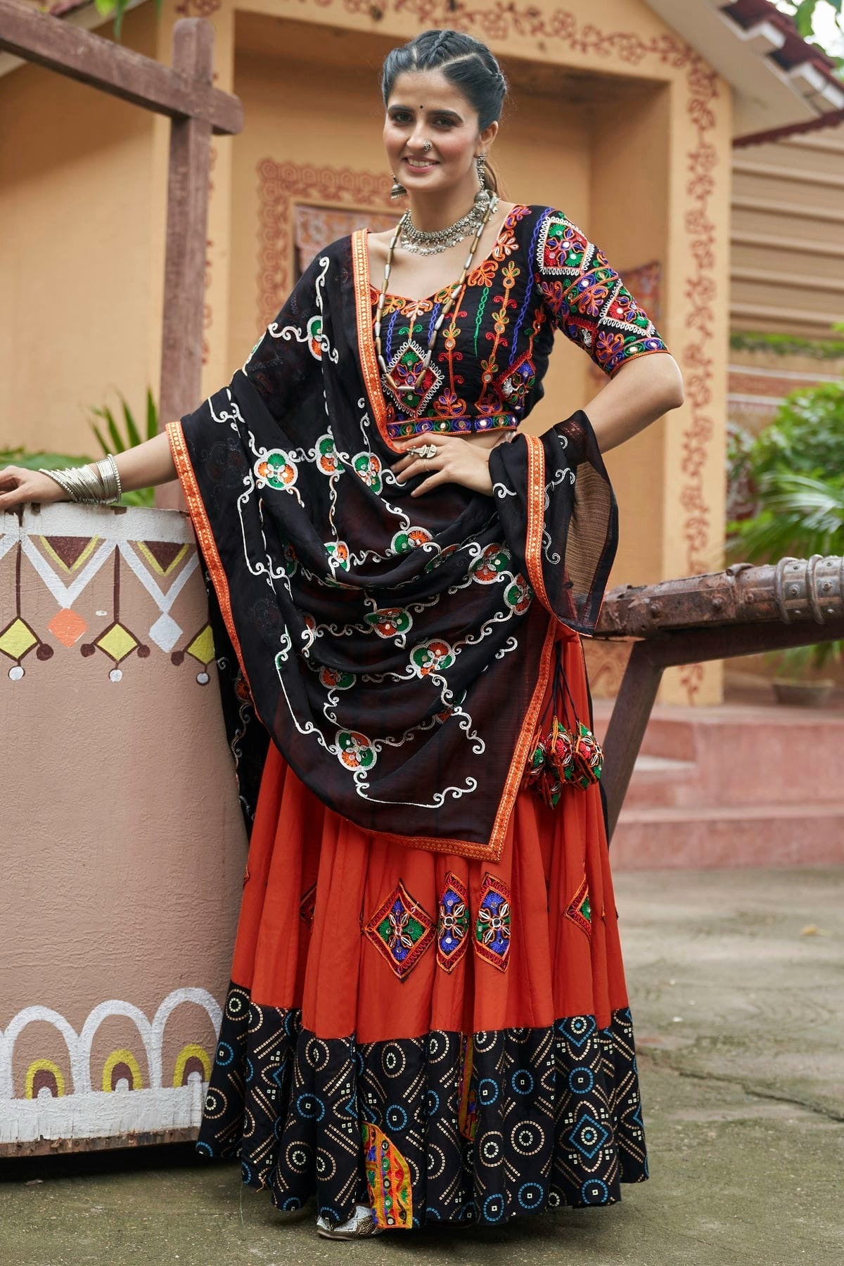 Orange Colour Viscose Rayon Navratri Lehenga LC1150254