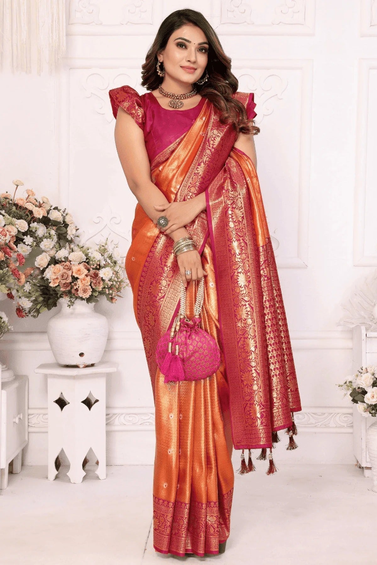 Orange Colour Woven Work Pure Banarasi Tissue Silk Traditional Saree SD1250250