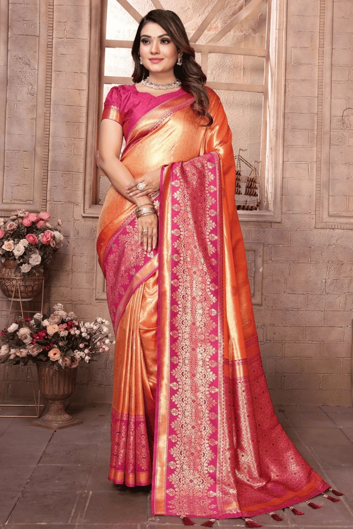 Orange Colour Woven Work Pure Banarasi Tissue Silk Traditional Saree SD1250287