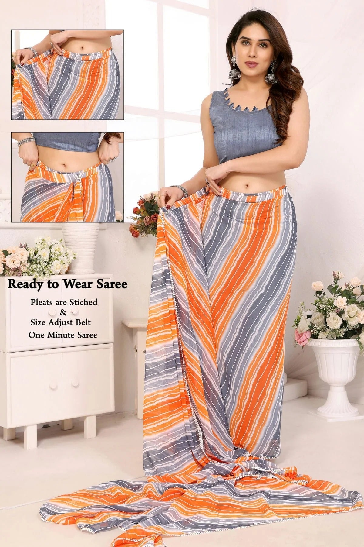 Orange and Grey Colour Georgette Ready To Wear Saree SD1180032 A