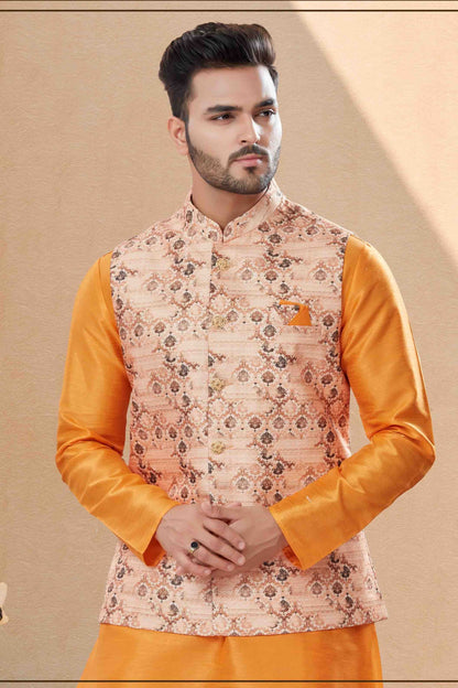 Orange and Multicolour Colour Kurta Pajama With Jacket In Silk Dupion Fabric KP1040451 A