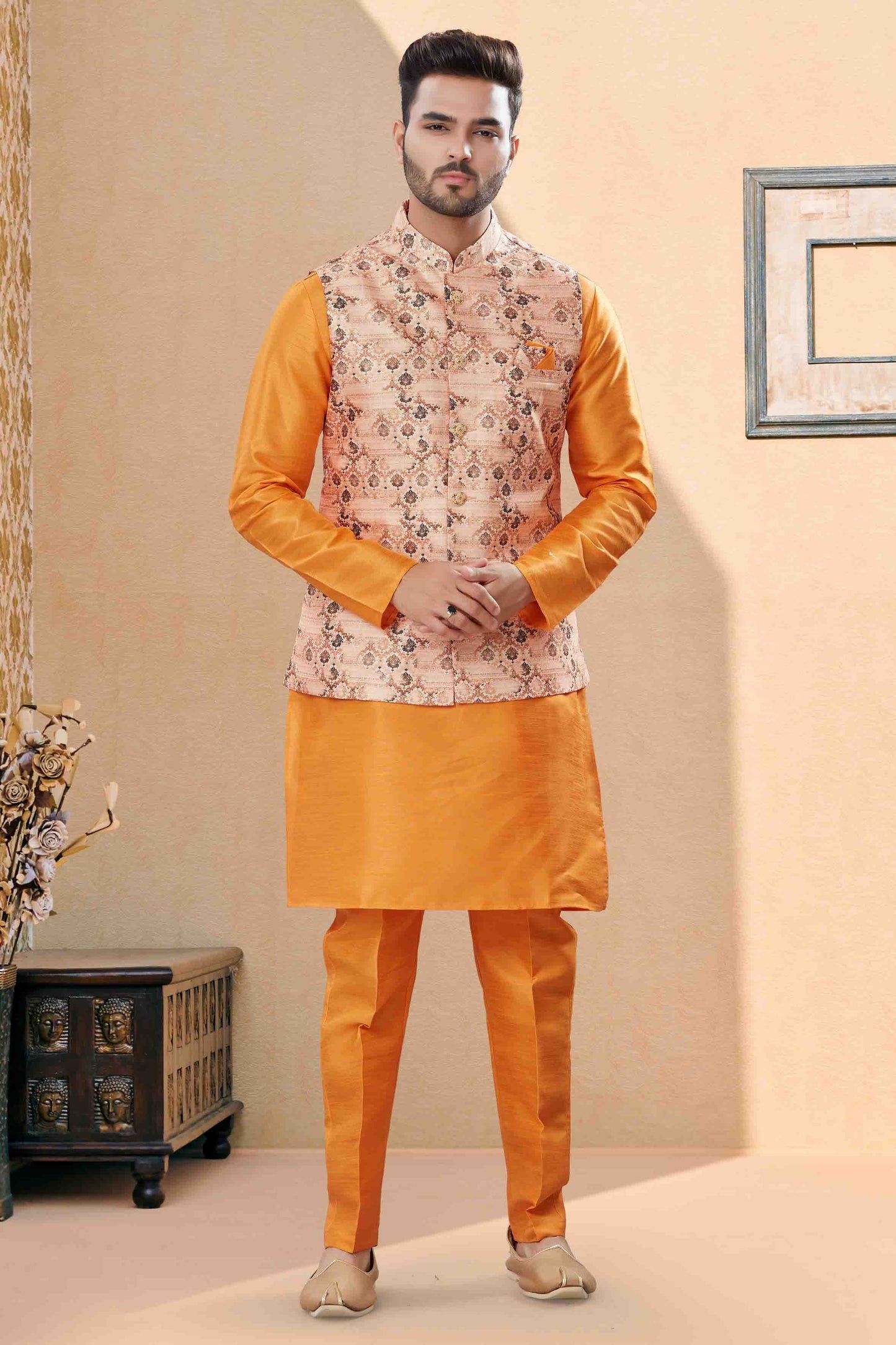 Orange and Multicolour Colour Kurta Pajama With Jacket In Silk Dupion Fabric KP1040451