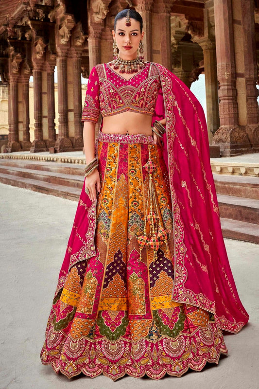 Orange and Pink Colour Banarasi Silk Bridal Lehenga Choli LC1290101