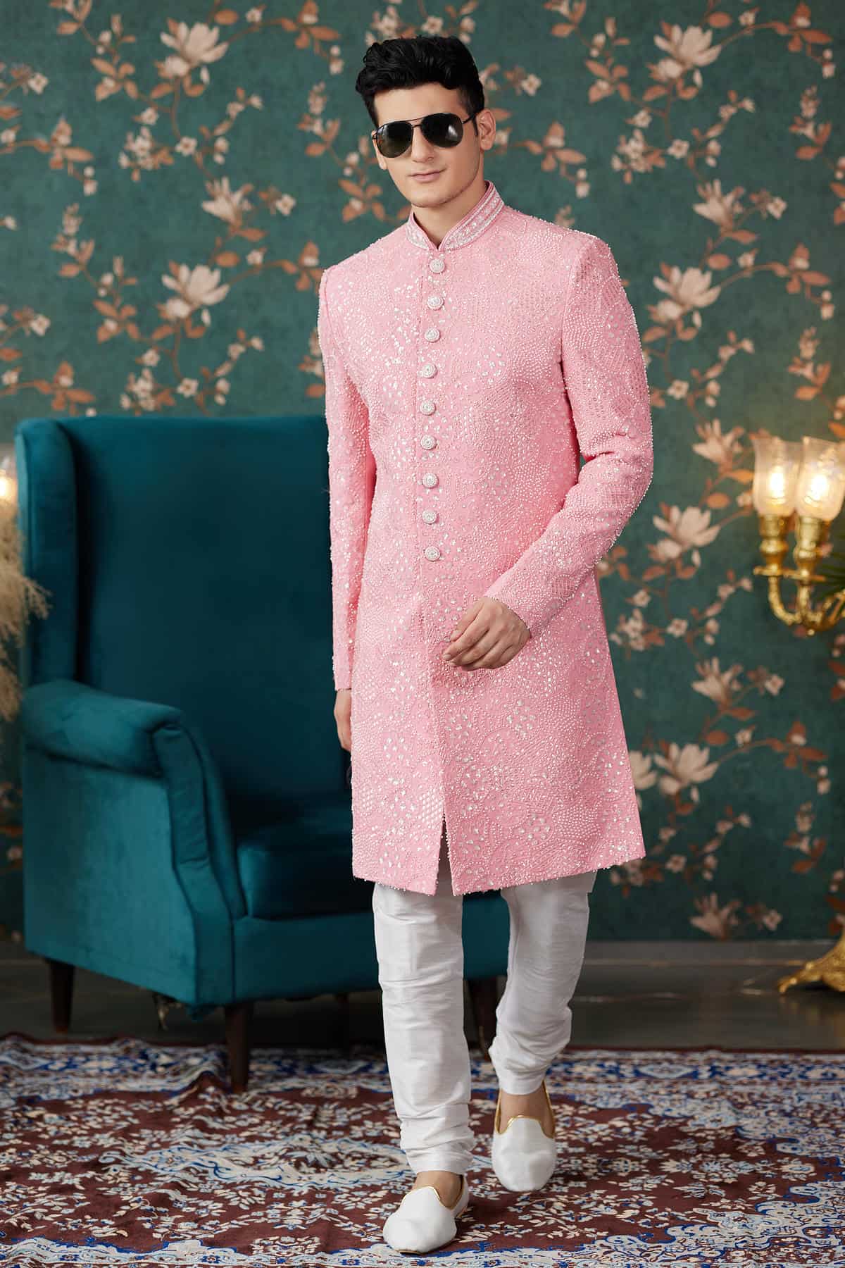 Park Pink Colour Art Silk Thread Work Sherwani