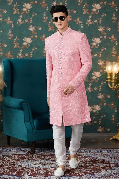 Park Pink Colour Art Silk Thread Work Sherwani